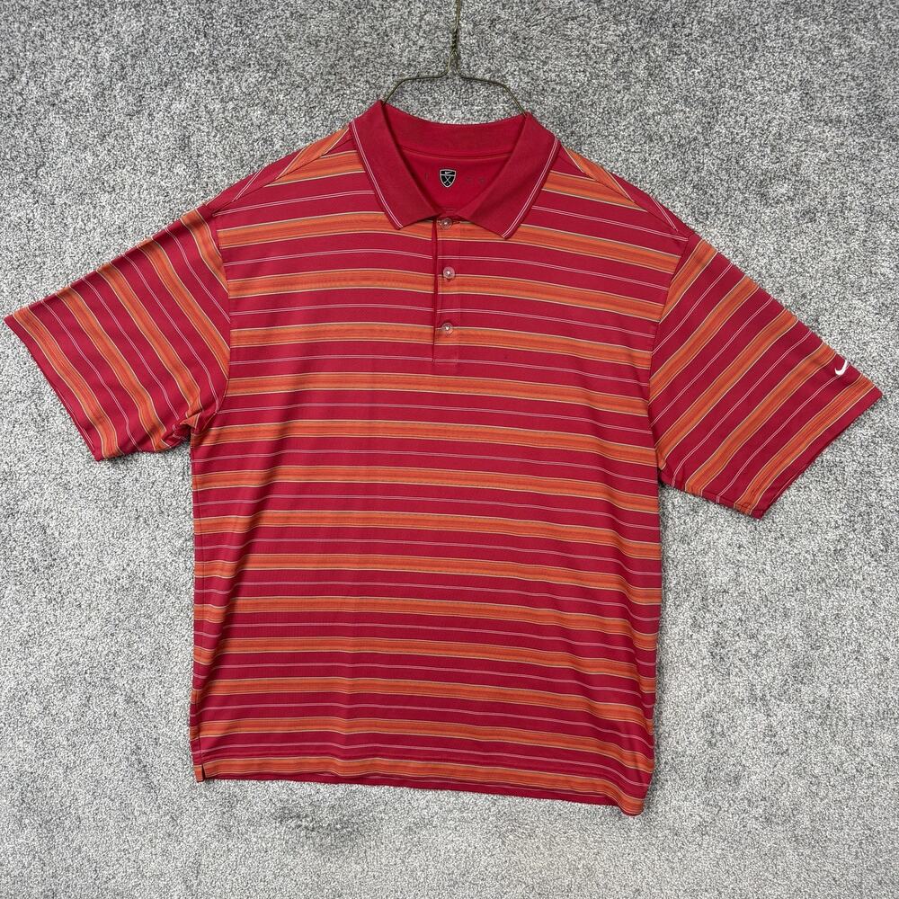 Nike Golf Polo Shirt Mens Large Red Orange Stripe Fit Dry Performance Golf Y2K
